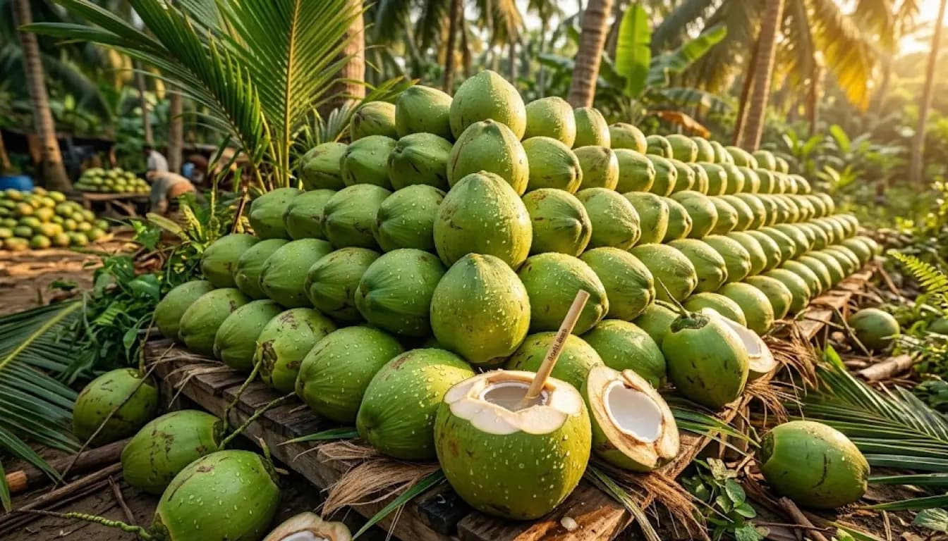 প্রিমিয়াম প্যাকেজ করা তরুণ ডাবের ক্লোজআপ, থাইল্যান্ড-স্টাইল ডায়মন্ড কাট প্যাকেজিং